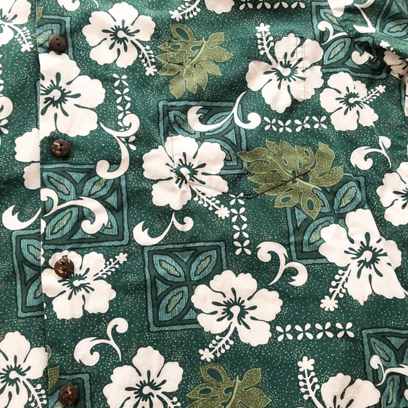 Vintage Hilo Hatie Hawaiian Aloha Shirt Green with White Hibiscus Large - Picture 3 of 6